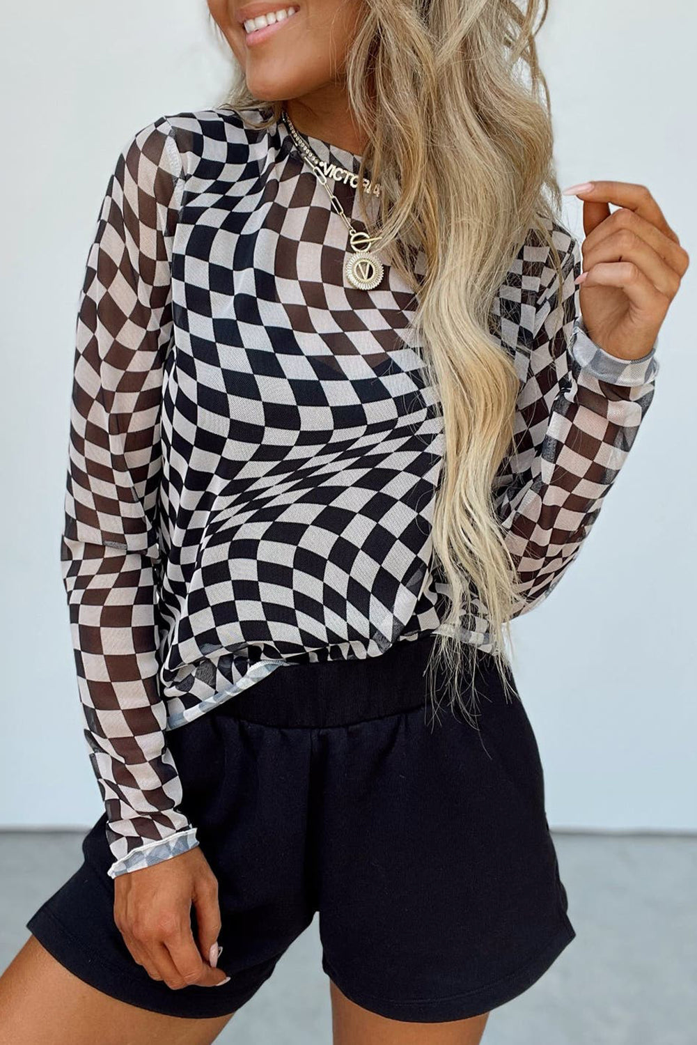 Checkered Print Mesh Long Sleeve