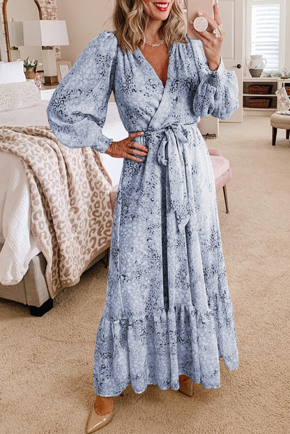 Sky Blue Printed Bubble Sleeve Maxi Dress