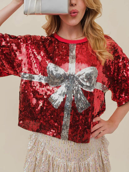 Sequin Bow Half Sleeve Shirt