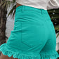 Turquoise Frayed Edge Mid Rise Denim Shorts