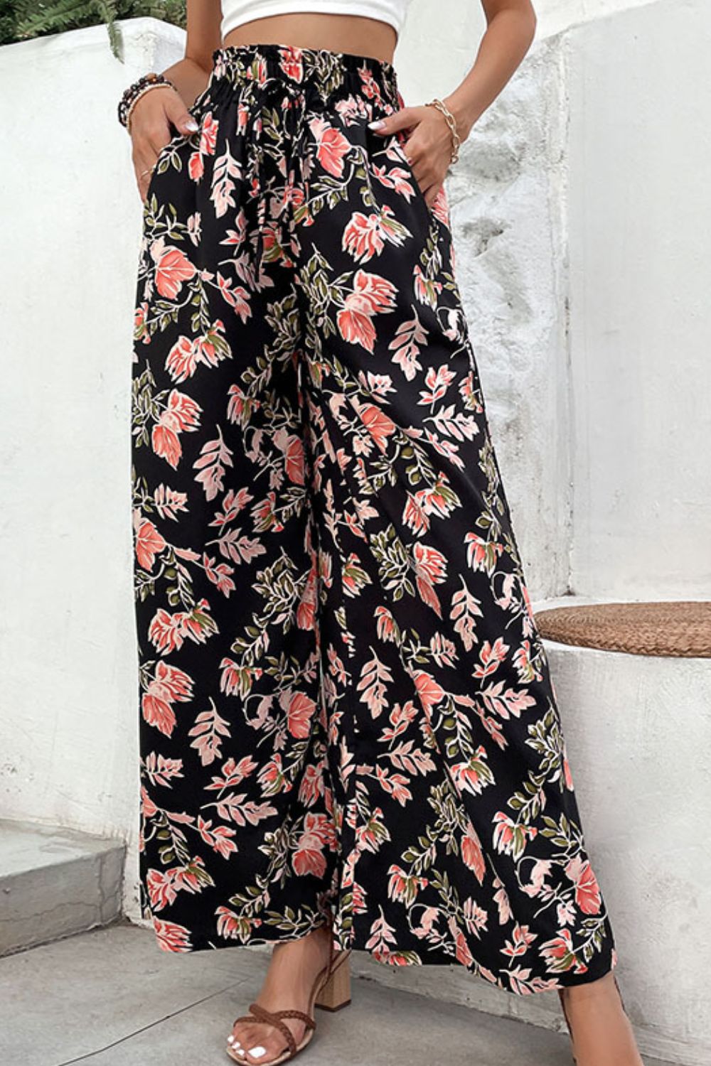 Perfee Floral Pull-On Wide Leg Pants