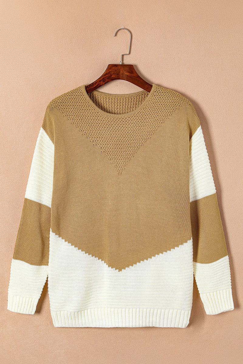 Color Block Round Neck Long Sleeve Sweater