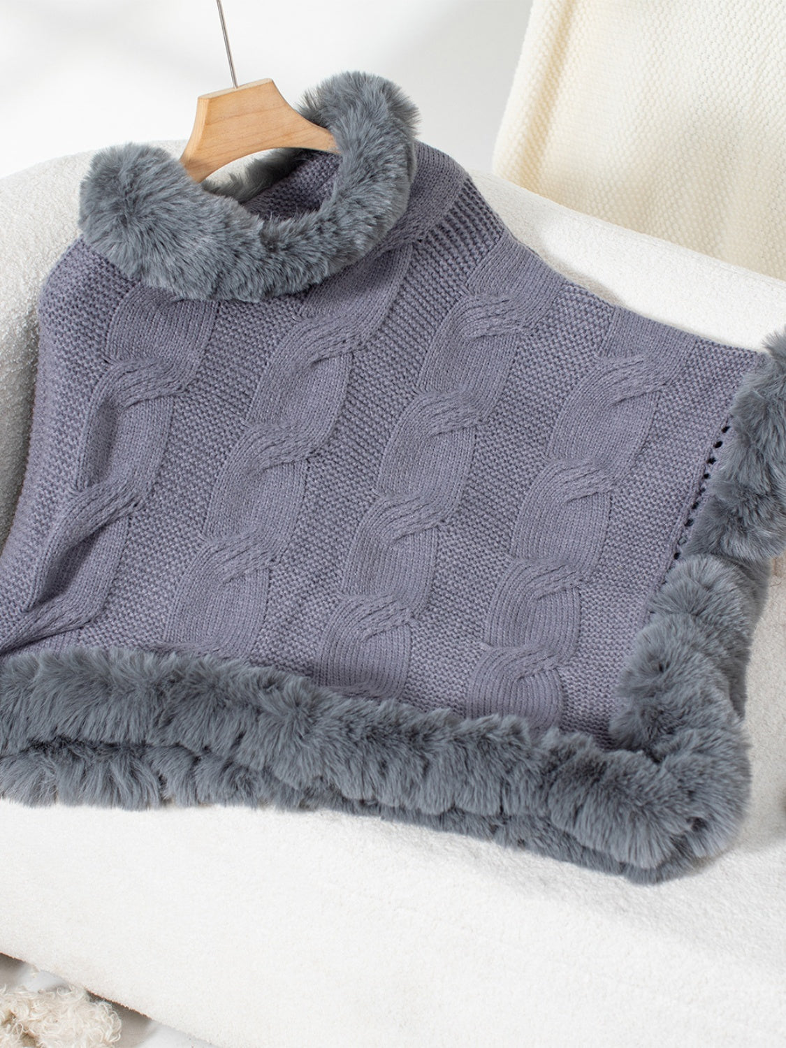 Fuzzy Hem Cable-Knit Poncho