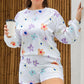 White Plus Size Flower Print Raglan Pullover and Shorts Outfit