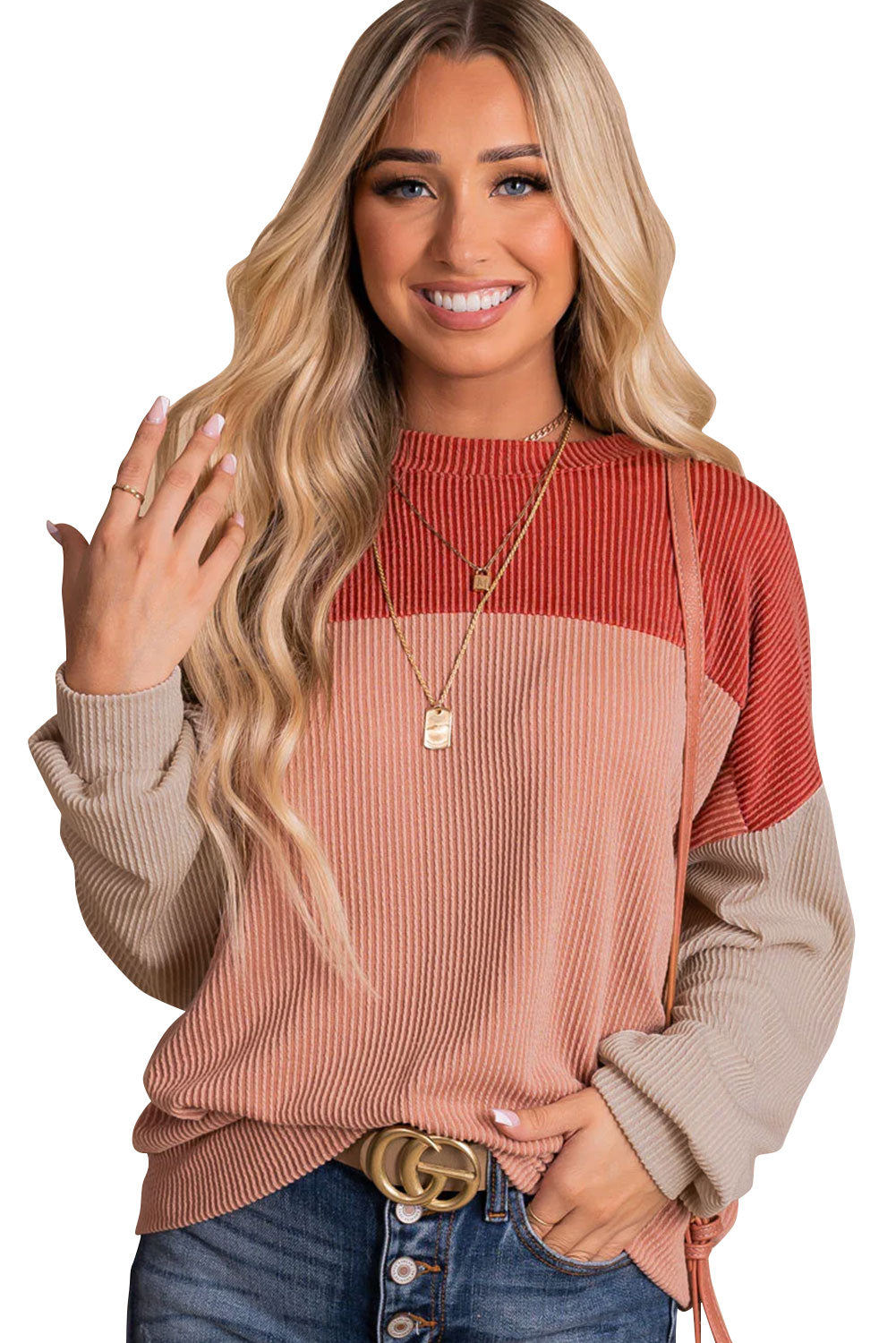 Red Color Block Long Sleeve Ribbed Loose Top