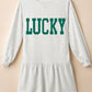 White St Patricks LUCKY Graphic Long Sleeve Ruffle Hem Mini Dress