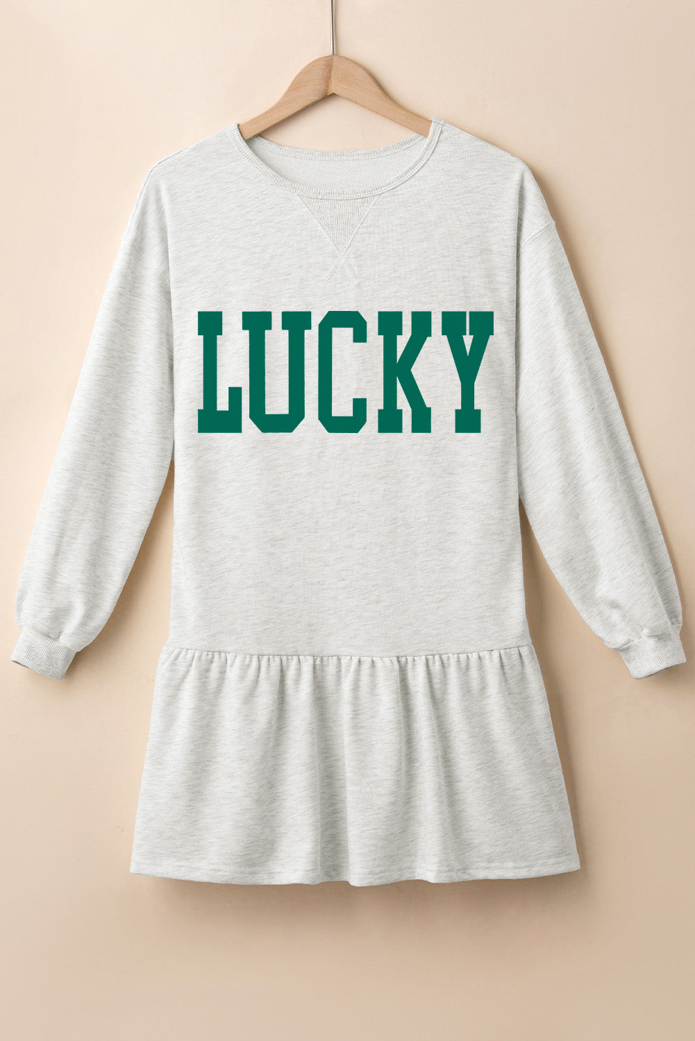 White St Patricks LUCKY Graphic Long Sleeve Ruffle Hem Mini Dress