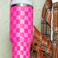 Bright Pink Checkered Print Handled Stainless Steel Tumbler Cup 40oz