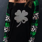 Green Leopard Plaid Patchwork Long Sleeve Rhinestone Lucky Clover Graphic Top