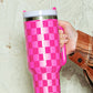 Bright Pink Checkered Print Handled Stainless Steel Tumbler Cup 40oz