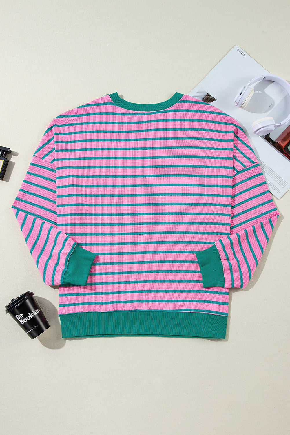 Pink Stripe Waffle Knit Crew Neck Plus Size Sweatshirt