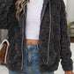 Checkered Texture Zip Up Drawstring Fuzzy Jacket