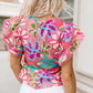 Floral Print Round Neck Flutter Sleeve Blouse