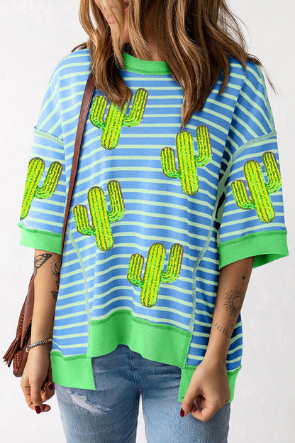 Sky Blue Stripe Sequin Cactus Pattern Half Sleeve Contrast Edge T Shirt