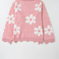 Pearl Trim Flower Round Neck Sweater