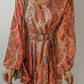 Orange Boho Paisley Print Long Sleeve Pleated Belted Mini Dress