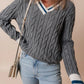 Cable-Knit V-Neck Long Sleeve Sweater