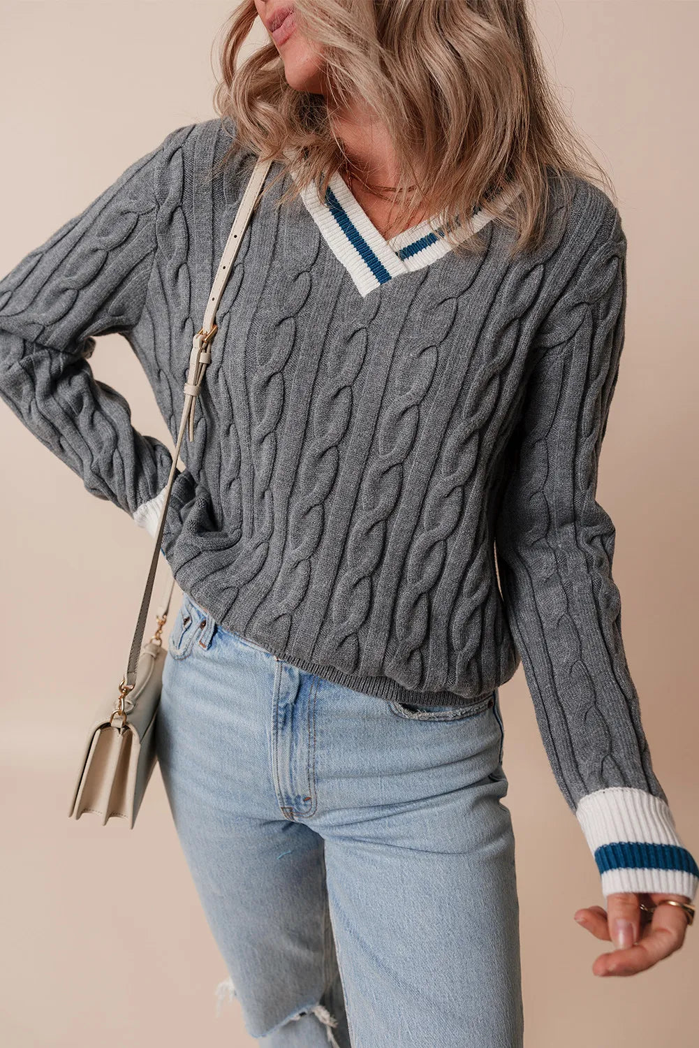 Cable-Knit V-Neck Long Sleeve Sweater