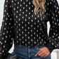 Perfee Geometric Print Frill Neck Lantern Sleeve Blouse