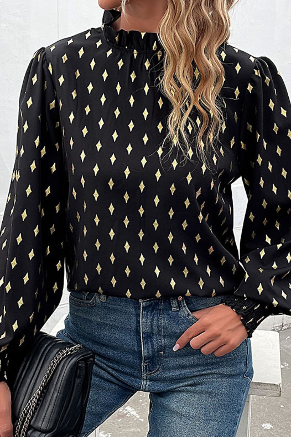 Perfee Geometric Print Frill Neck Lantern Sleeve Blouse