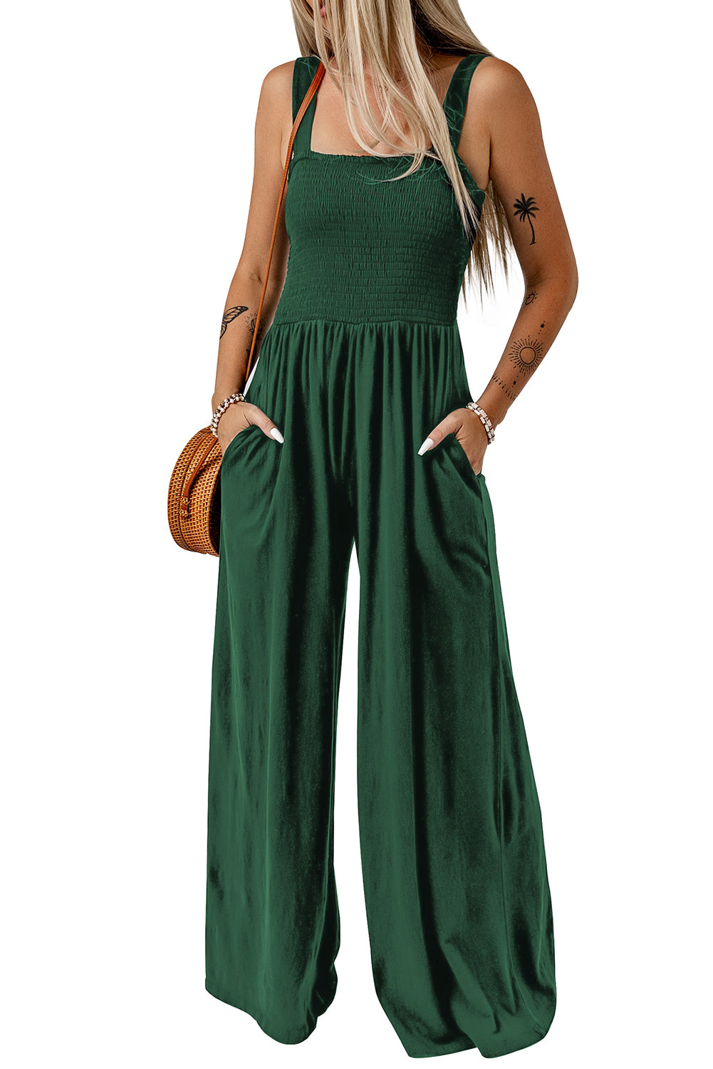 Smocked Sleeveless Wide Leg Jumpsuit with Pockets