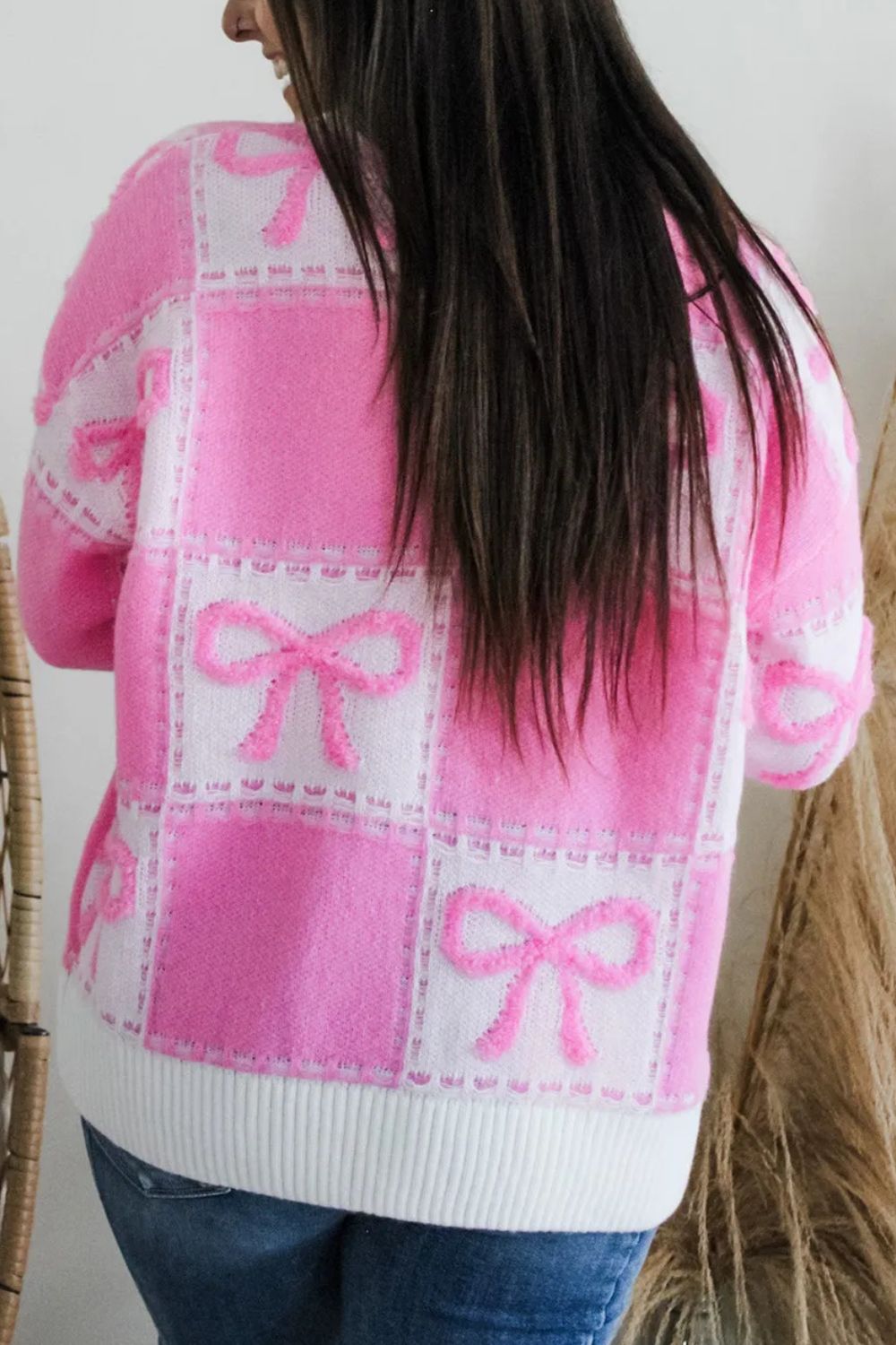 Checkered Pink and White Large Bows Sweater