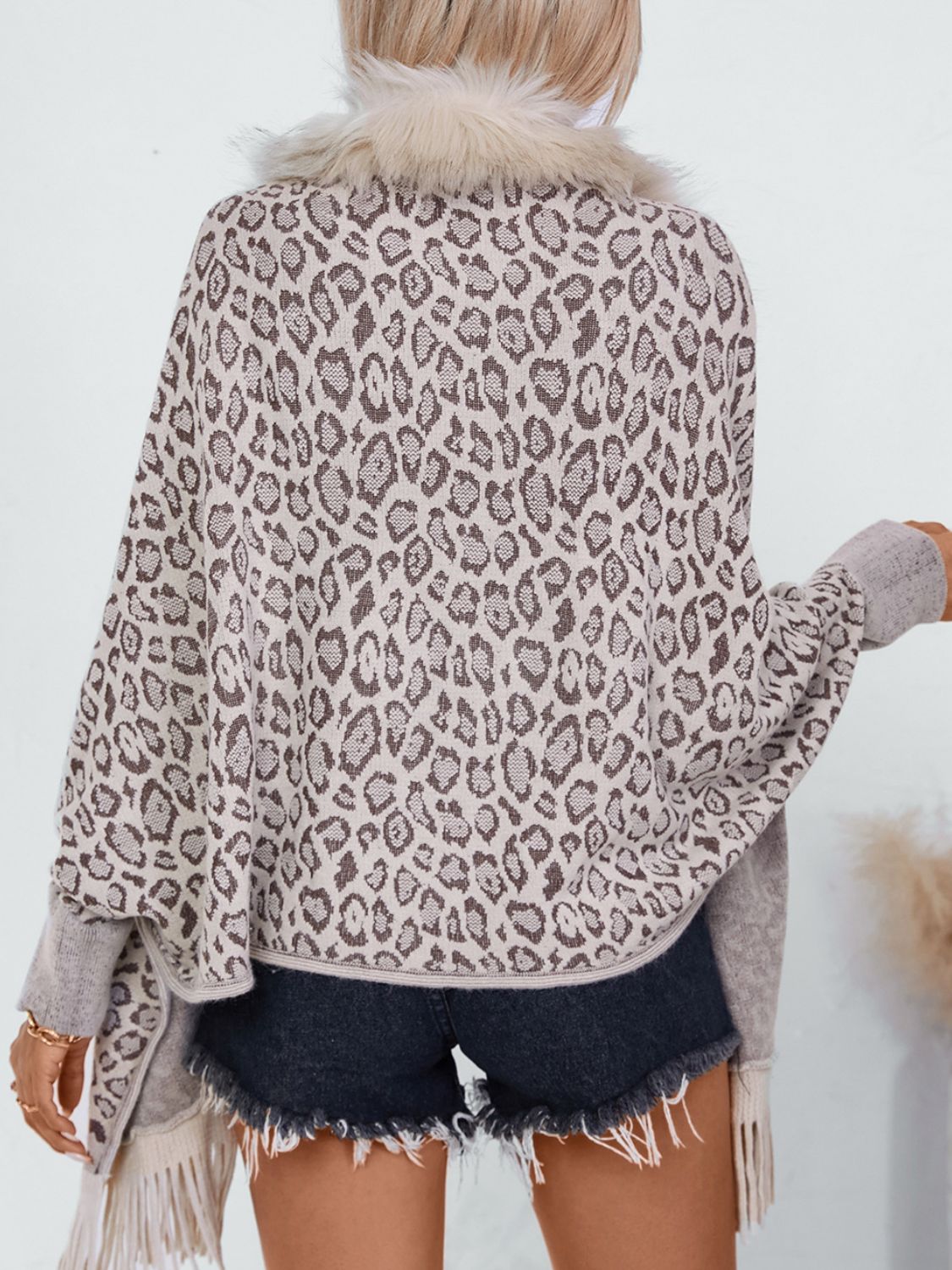 Fringe Leopard Open Front Long Sleeve Poncho