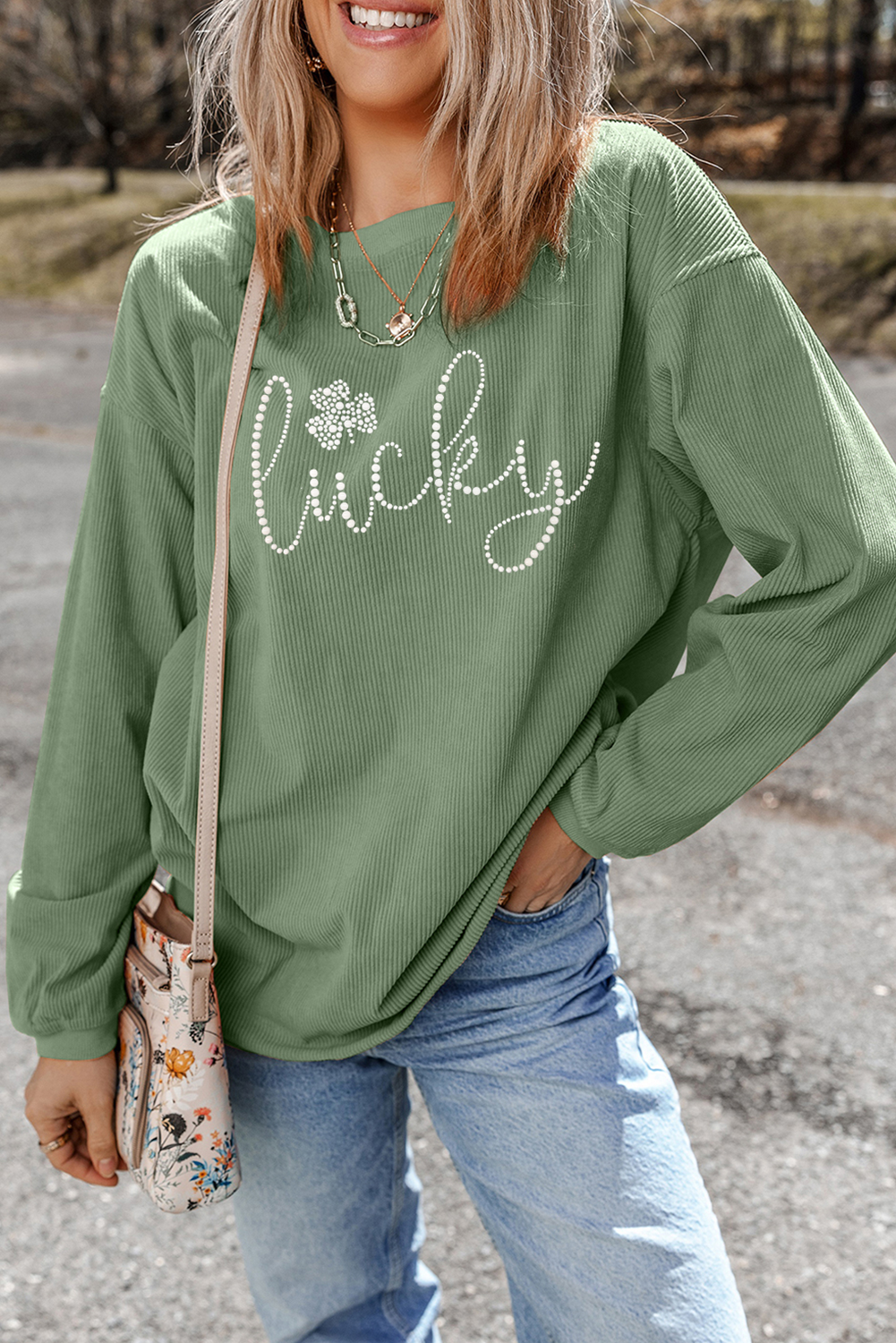 Grass Green Rhinestone lucky Clover Graphic Ribbed St Patrick Sweatshirt