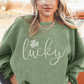 Grass Green Rhinestone lucky Clover Graphic Ribbed St Patrick Sweatshirt