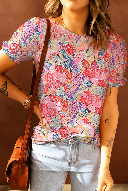 Floral Short Flounce Sleeve Blouse