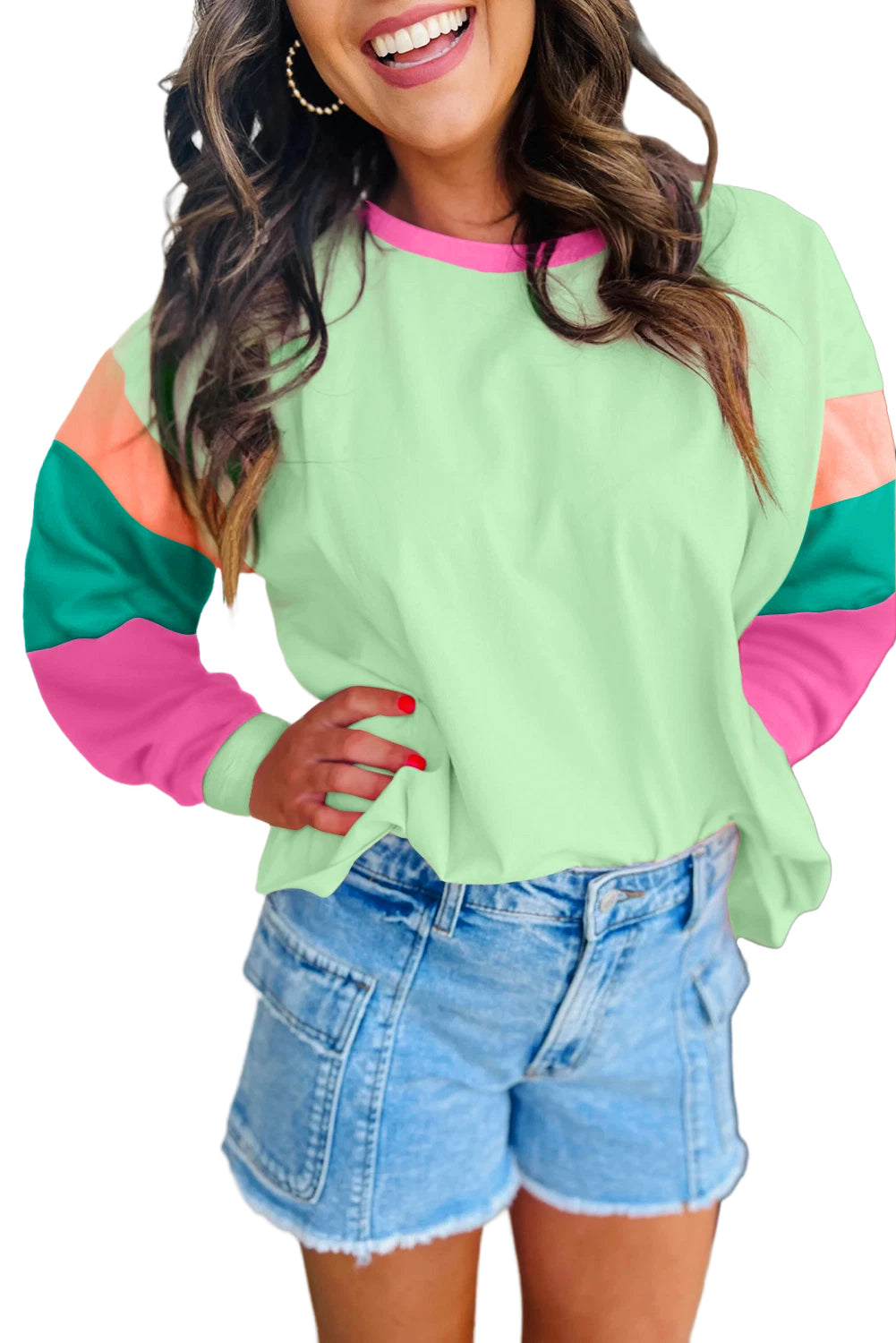 Pink Colorblock Patchwork Long Sleeve Loose Top