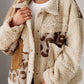 Pocketed Leopard Collared Neck Sherpa Jacket