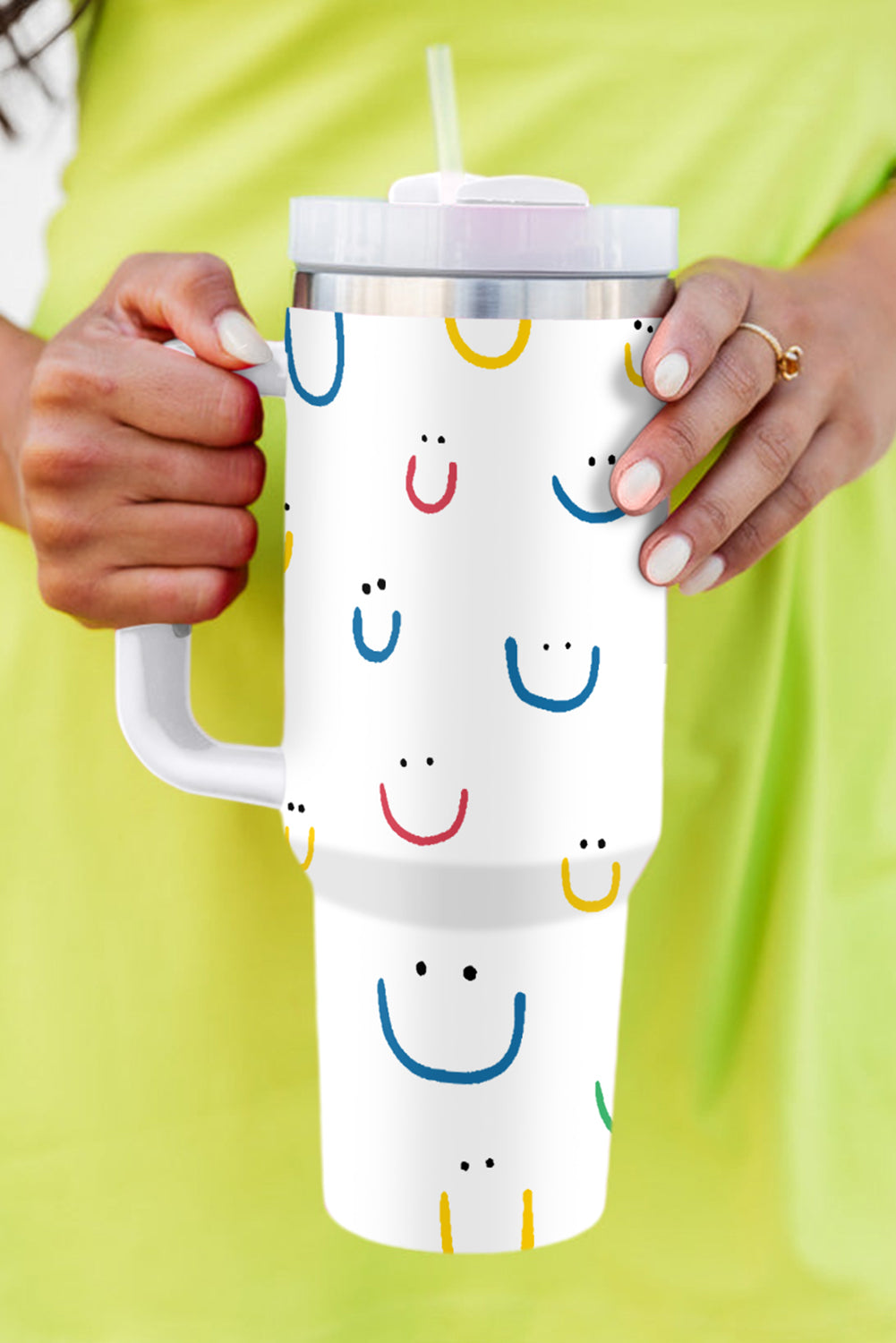 White Smiling Face Print Handle Vacuum Cup 40oz