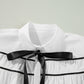 Black Front Bow Tie Ribbon Ruffle Blouse