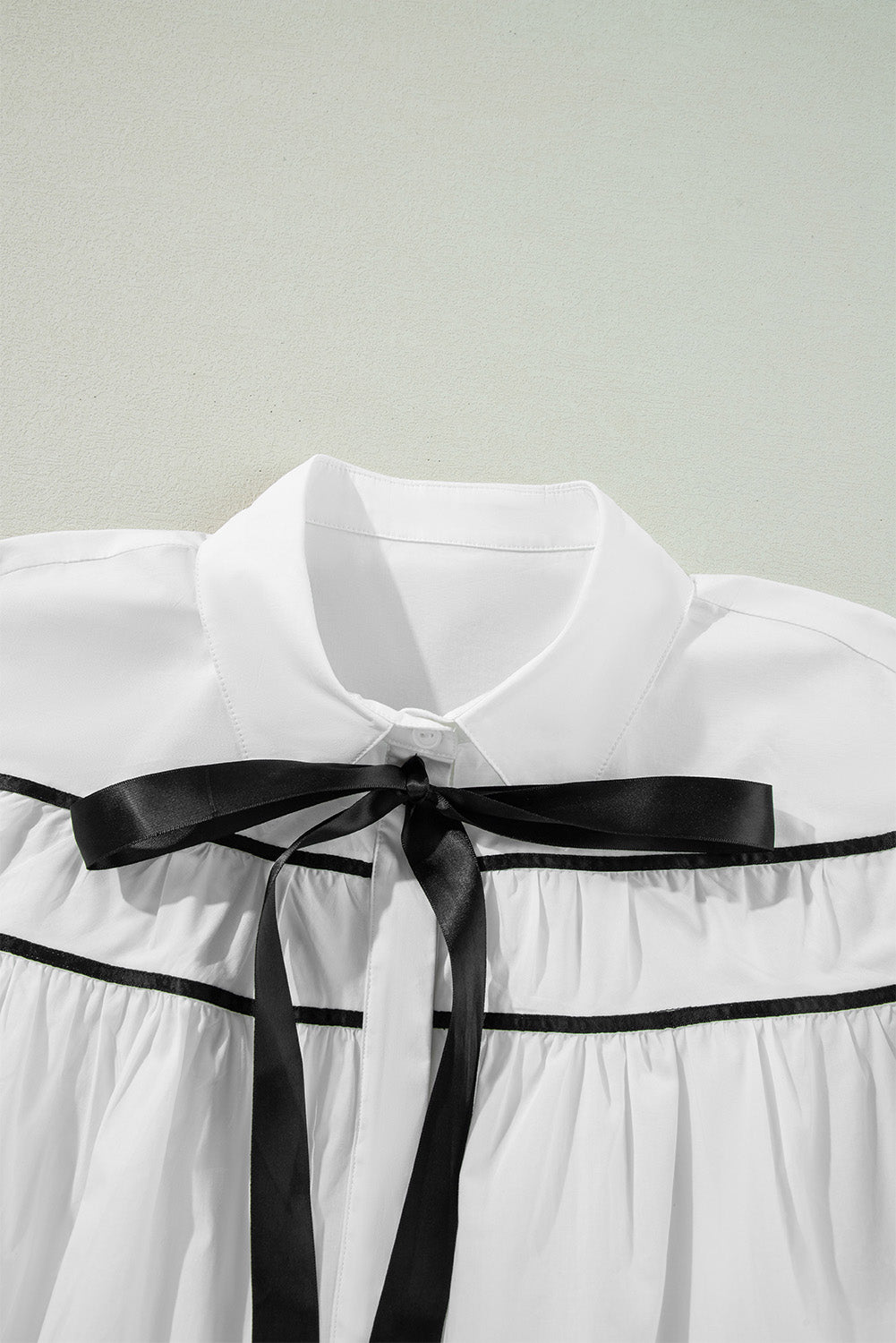 Black Front Bow Tie Ribbon Ruffle Blouse