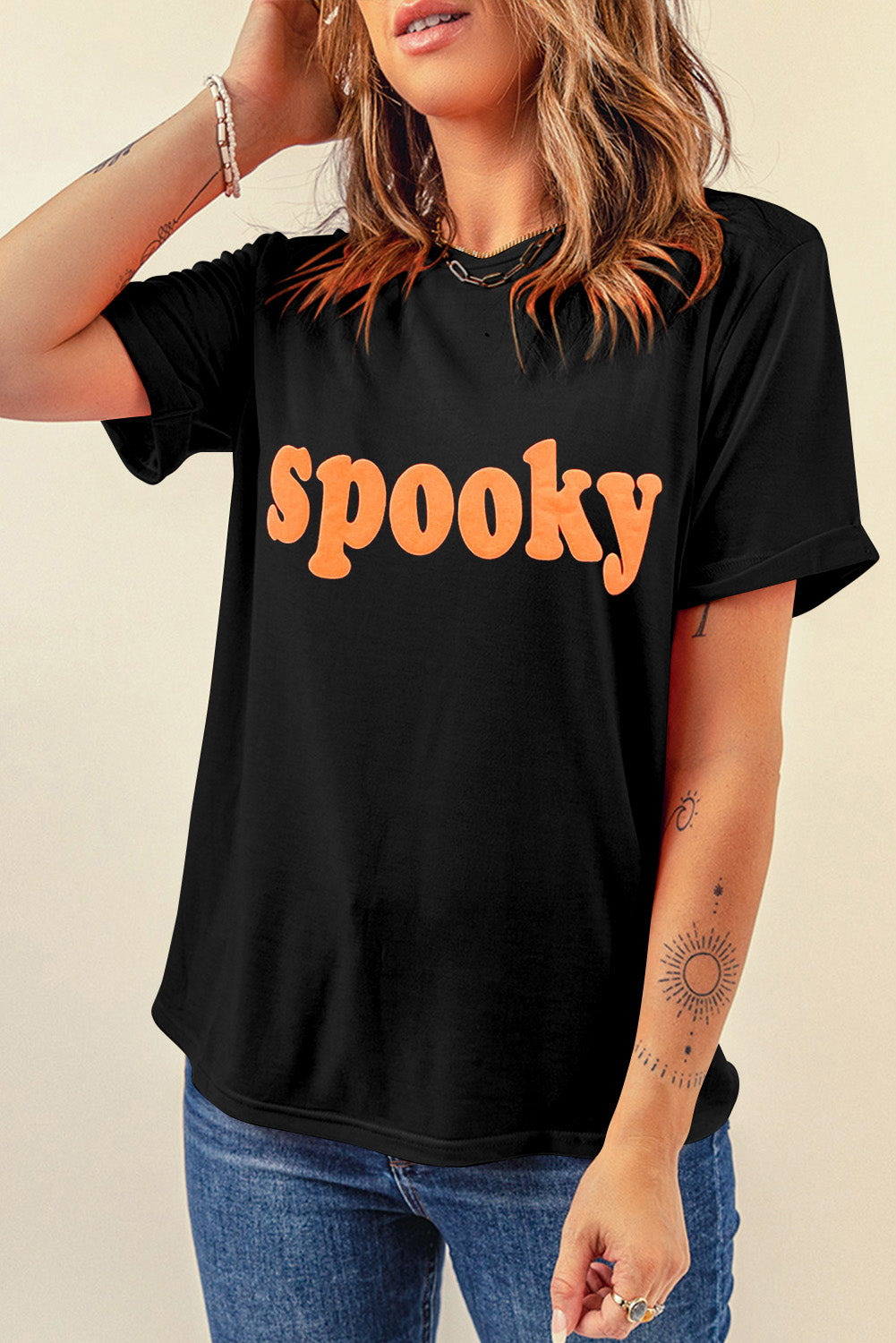 Black Halloween Spooky Crew Neck Casual Graphic Tee