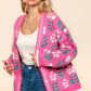 Hot Pink Floral V-Neck Button Up Cardigan—Small-3XL