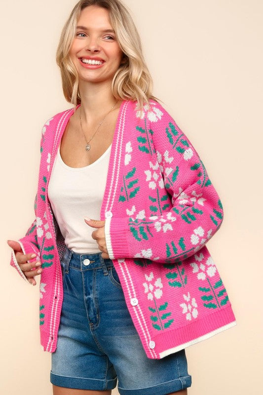 Hot Pink Floral V-Neck Button Up Cardigan—Small-3XL