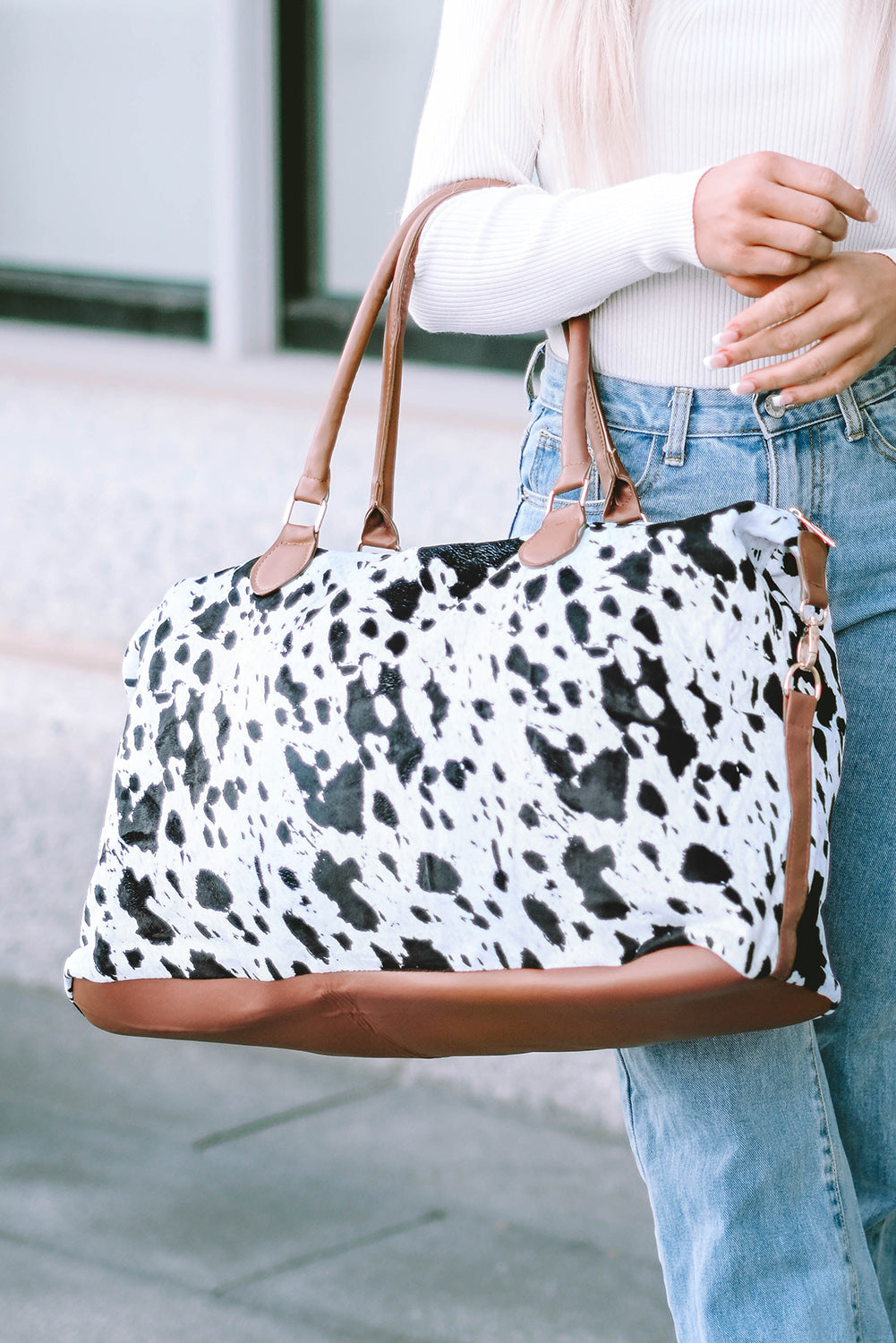 White Animal Print Leather Tote Bag