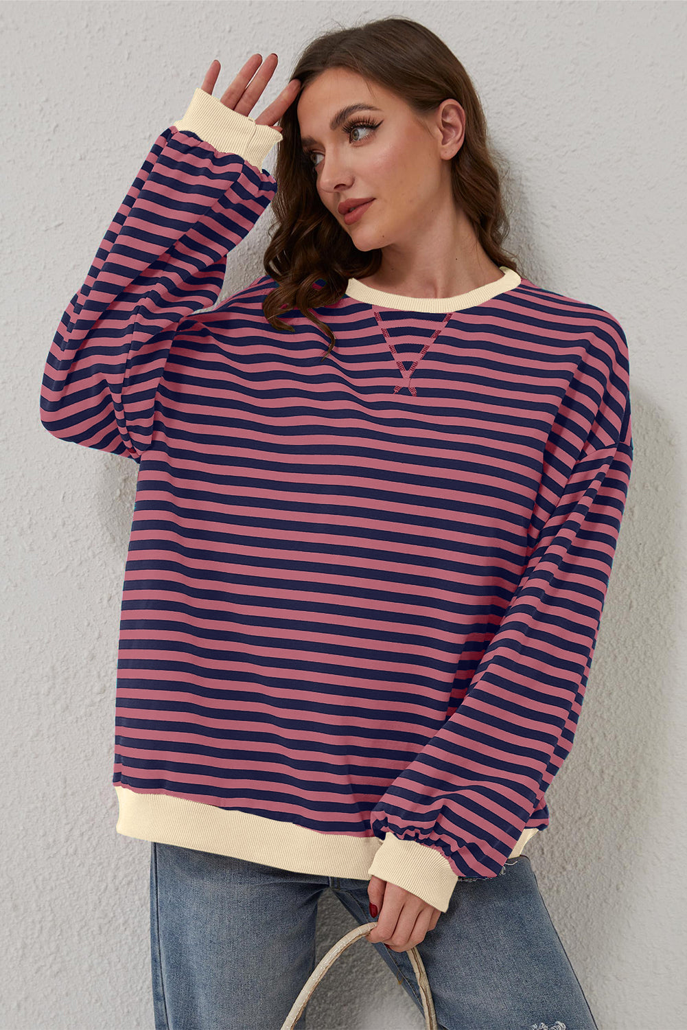 Sky Blue Stripe Oversized Contrast Trim Pullover Sweatshirt