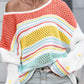 Hollow Striped Color Block Round Neck Sweater