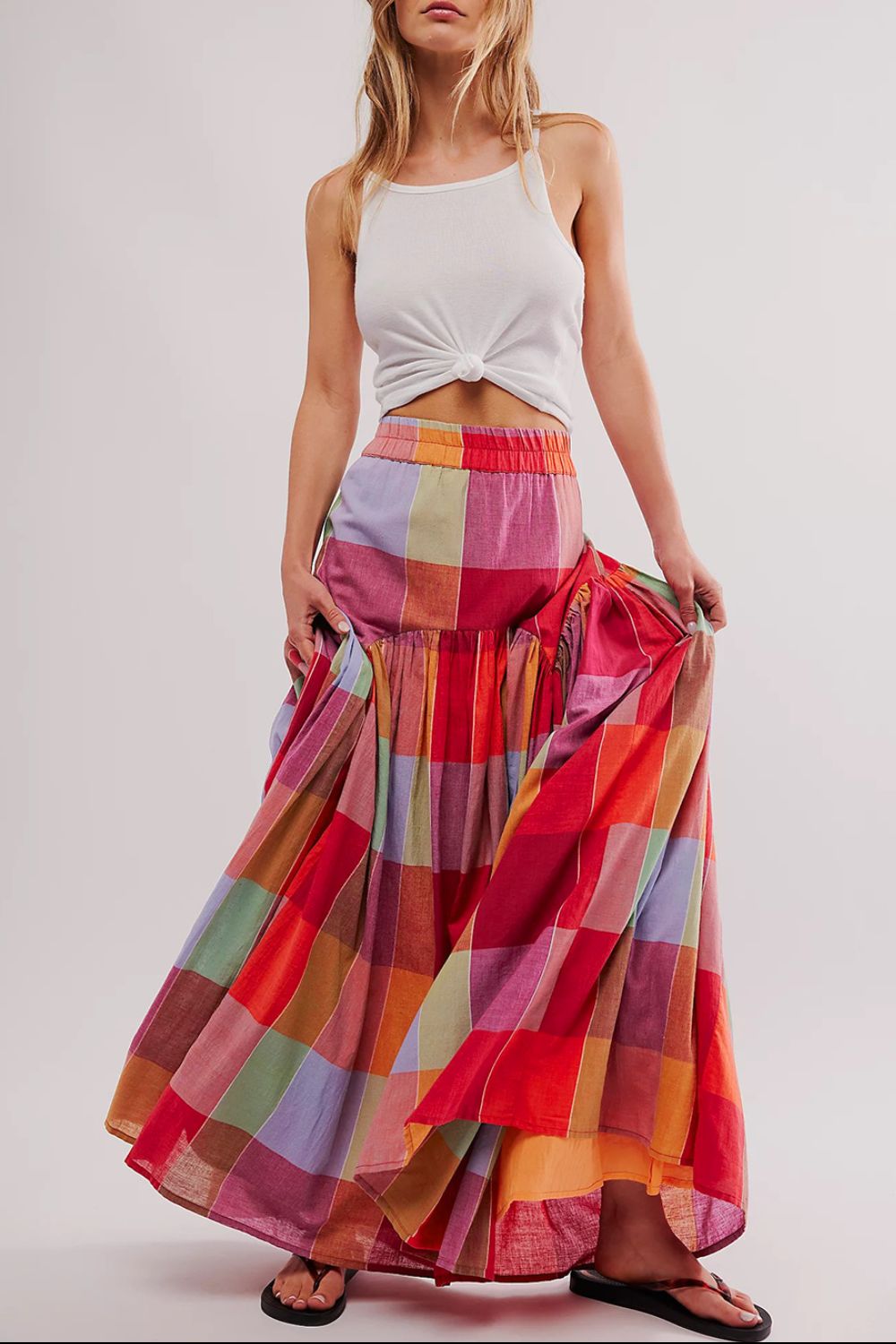 Color Block Elastic Waist Maxi Skirt