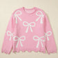 Pearl Detail Bow Round Neck Long Sleeve Sweater