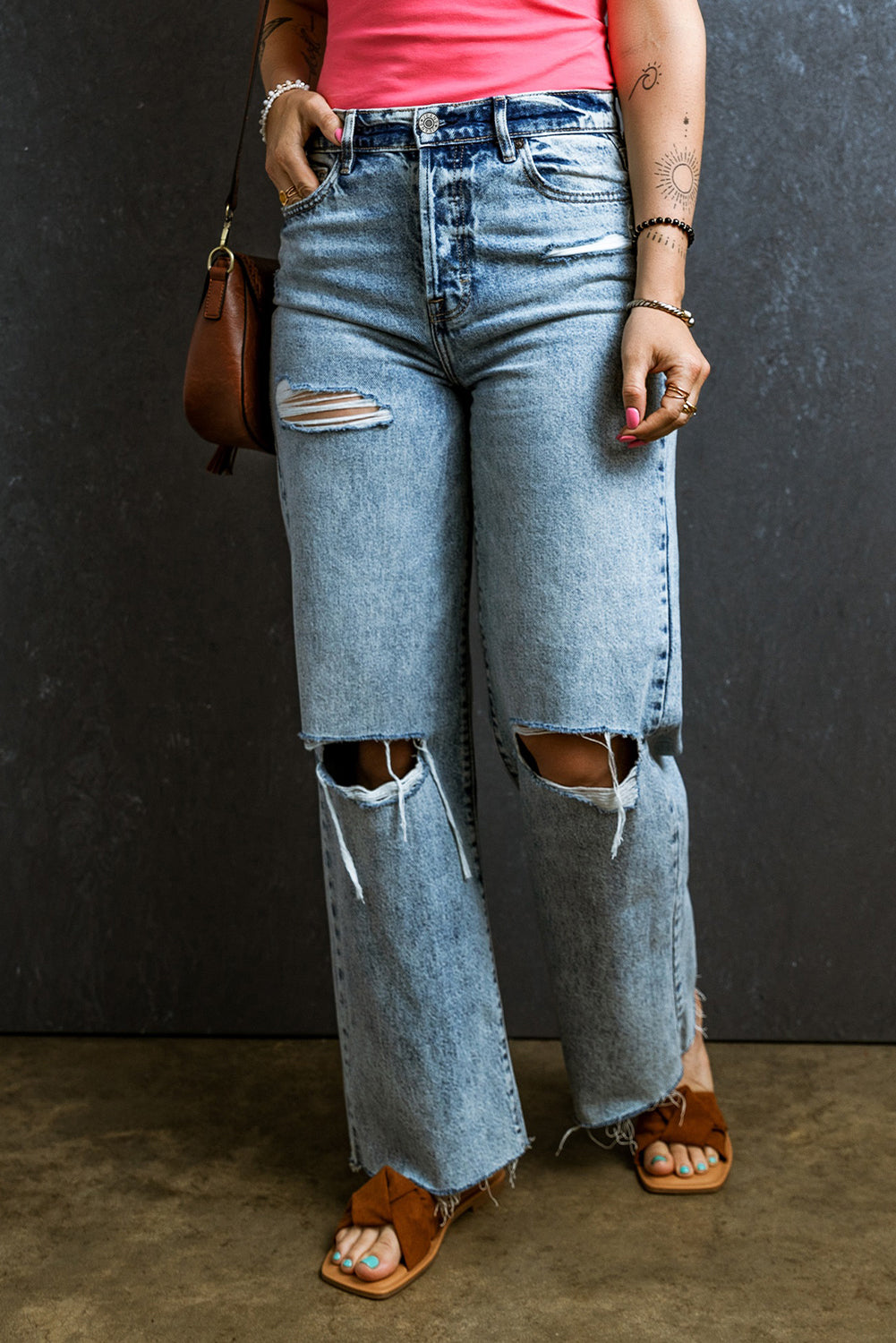 Distressed Raw Hem Straight Jeans