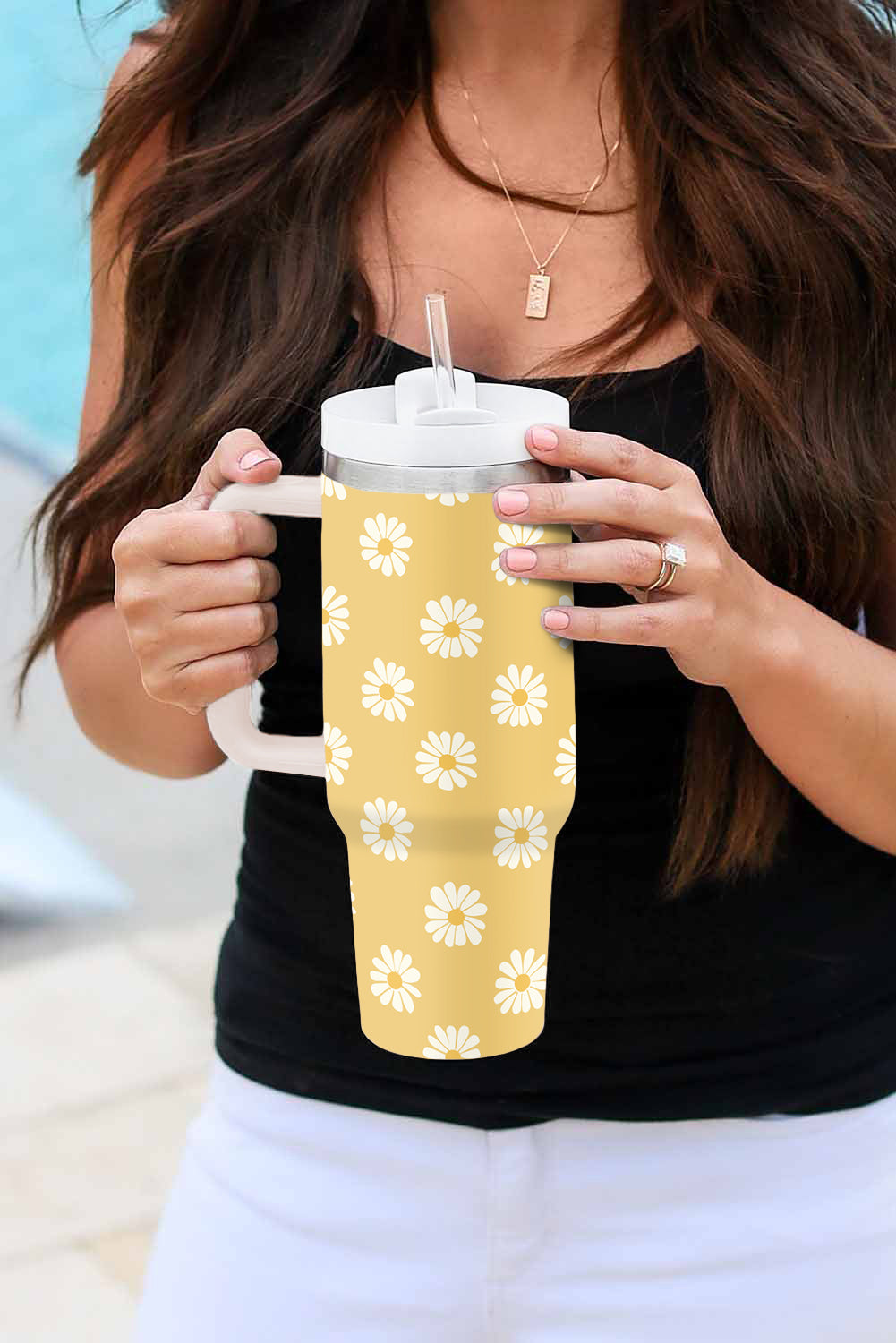 Yellow Daisy Print Handle Stainless Steel Portable Cup 40oz