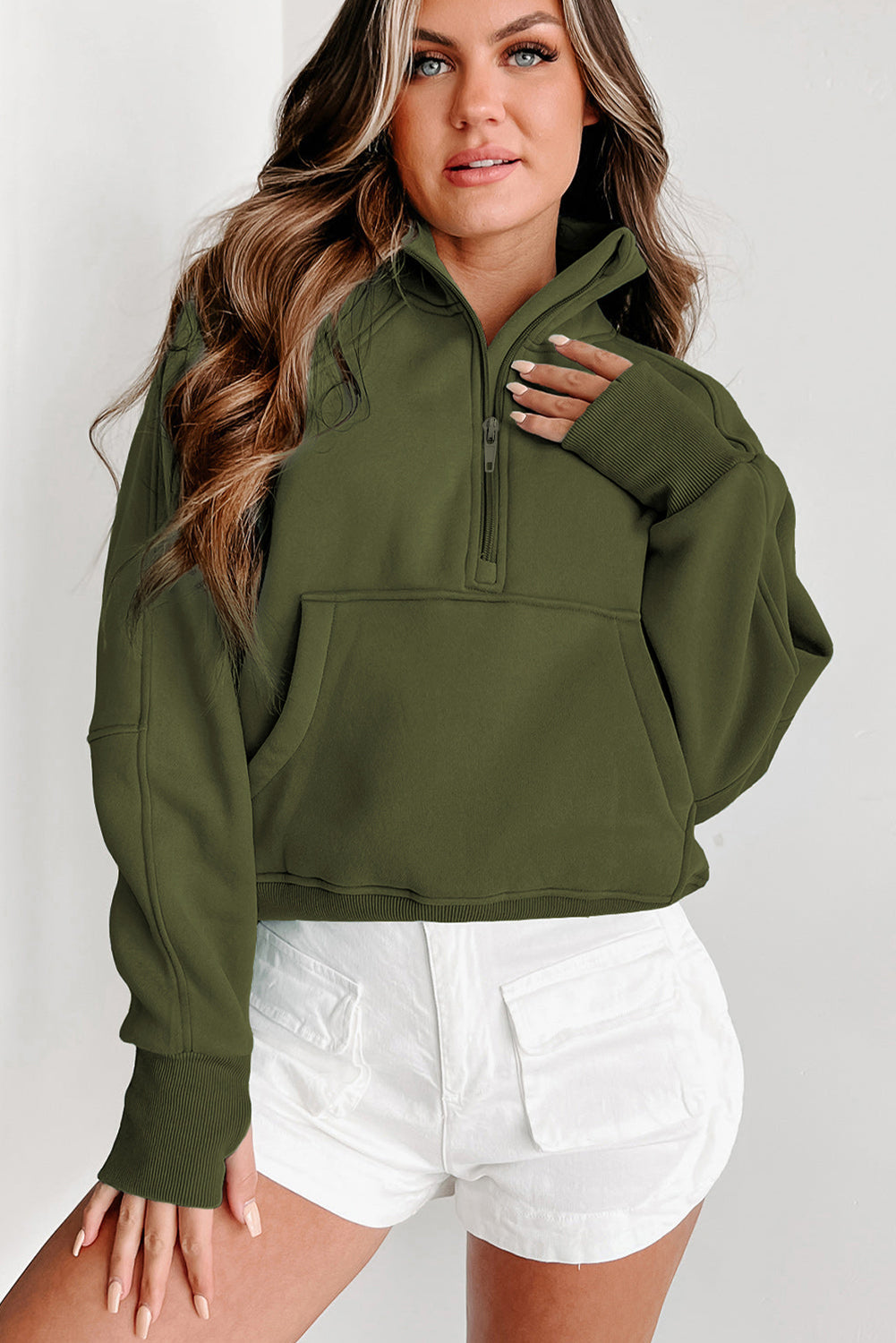 Sea Green Fleece Lined Zip Up Stand Collar Thumbhole Sleeve Sweatshirt