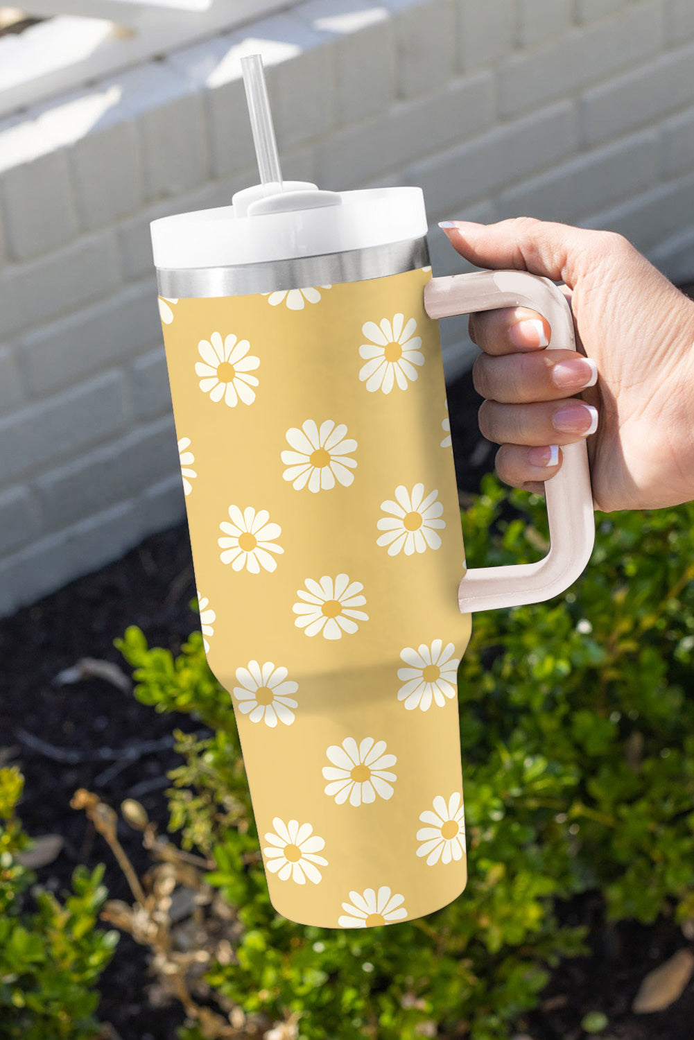 Yellow Daisy Print Handle Stainless Steel Portable Cup 40oz