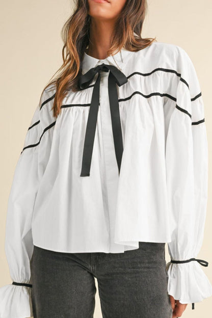 Black Front Bow Tie Ribbon Ruffle Blouse