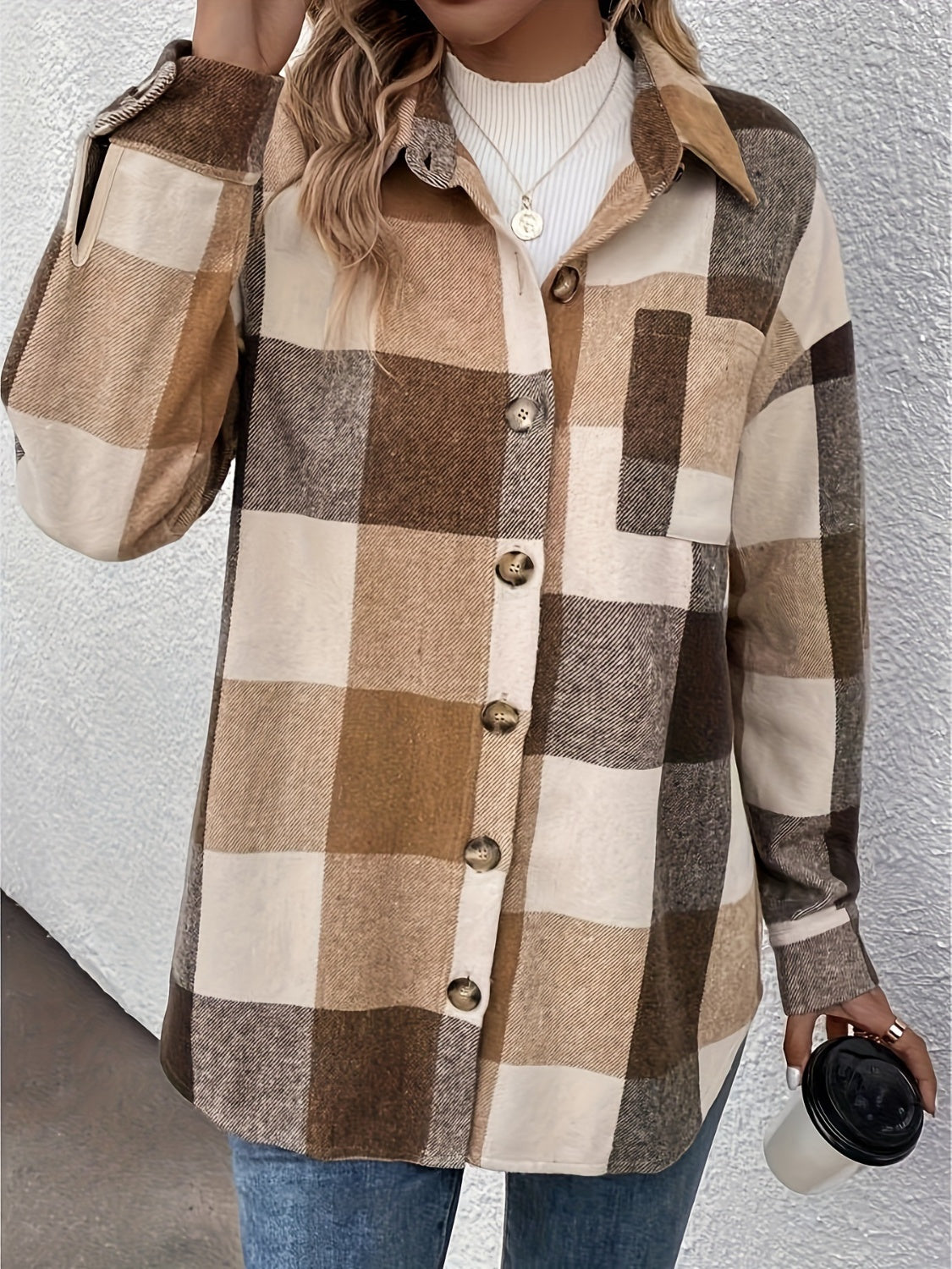 Curved Hem Plaid Collared Neck Shacket