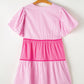 Pink Ricrac Block Accent Puff Short Sleeve Flowy Plus Dress